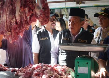 Wakil Gubernur Jambi Abdullah Sani (tengah) meninjau harga daging saat inspeksi mendadak (sidak) di Pasar Angso Duo, Kota Jambi, Rabu (11/3/2026). (Dok. Erit)
