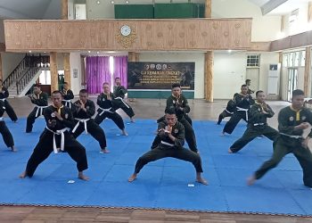 Prajurit jajaran Korem 042/Gapu memperagakan teknik dasar Pencak Silat Militer (PSM) saat mengikuti ujian kenaikan sabuk dari putih ke hijau yang dipantau langsung oleh Kajasdam XX/Tuanku Imam Bonjol Kolonel Inf Prasetyo Ari Wibowo di Balai Prajurit Makorem 042/Gapu, Jambi, Maret 2026. (Dok. Penrem 042/Gapu)