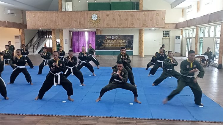 Prajurit jajaran Korem 042/Gapu memperagakan teknik dasar Pencak Silat Militer (PSM) saat mengikuti ujian kenaikan sabuk dari putih ke hijau yang dipantau langsung oleh Kajasdam XX/Tuanku Imam Bonjol Kolonel Inf Prasetyo Ari Wibowo di Balai Prajurit Makorem 042/Gapu, Jambi, Maret 2026. (Dok. Penrem 042/Gapu)