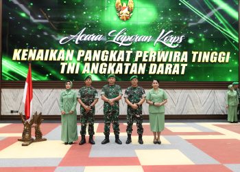 Kasad Jenderal TNI Maruli Simanjuntak (tengah) bersama para perwira tinggi TNI AD usai memimpin laporan korps kenaikan pangkat di Aula G.P.H. Djati Kusumo, Mabesad, Jakarta, Senin (17/3/2026).(Dok. (Penrem 042/Gapu)