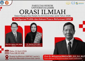 Banner Prof. Dr. Mahfud MD dijadwalkan menyampaikan orasi ilmiah di Universitas Jambi dalam rangka Dies Natalis ke-63, Rabu (22/4/2026), dengan tema “Konfigurasi Politik dan Hukum Pasca Reformasi 1998”. (Dok. UNJA)