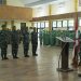 Danrem 042/Gapu Brigjen TNI Nyamin memimpin laporan korps kenaikan pangkat perwira di Aula Balai Prajurit Makorem 042/Gapu, Jambi, Selasa (7/4/2026). (Dok. Nahar)