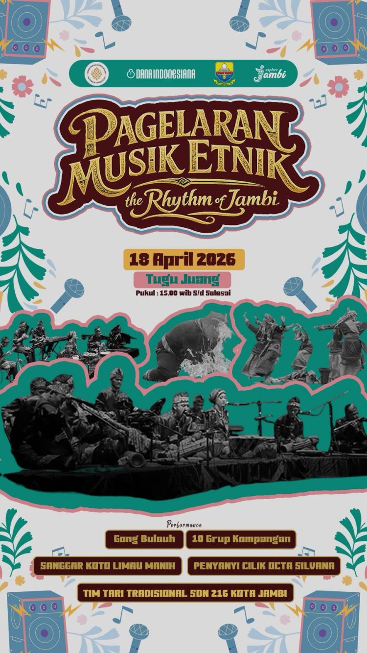 Poster Pagelaran Musik Etnik “The Rhythm of Jambi” yang akan digelar di Tugu Juang, Kota Jambi, pada 17–18 April 2026 (Dok. Reza)