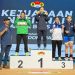 Lifter putri Jambi Juliana Klarisa (tengah) berdiri di podium juara usai meraih tiga medali emas pada Kejuaraan Nasional Angkat Besi Senior Pupuk Indonesia 2026 di Bandung, Jawa Barat. (Dok, Nanang)
