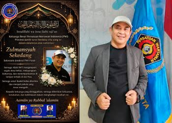 Karangan ucapan duka cita dan potret Sekretaris Jenderal PWI Pusat, Zulmansyah Sekedang, yang meninggal dunia pada Sabtu (18/4/2026) (Dok. Irwan)