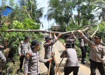 Kapolda Bengkulu Irjen Pol Mardiyono bersama personel gabungan meninjau dan membersihkan pohon tumbang serta banjir akibat hujan deras disertai angin kencang di Kota Bengkulu, Senin (6/4/2026). (foto:yola)